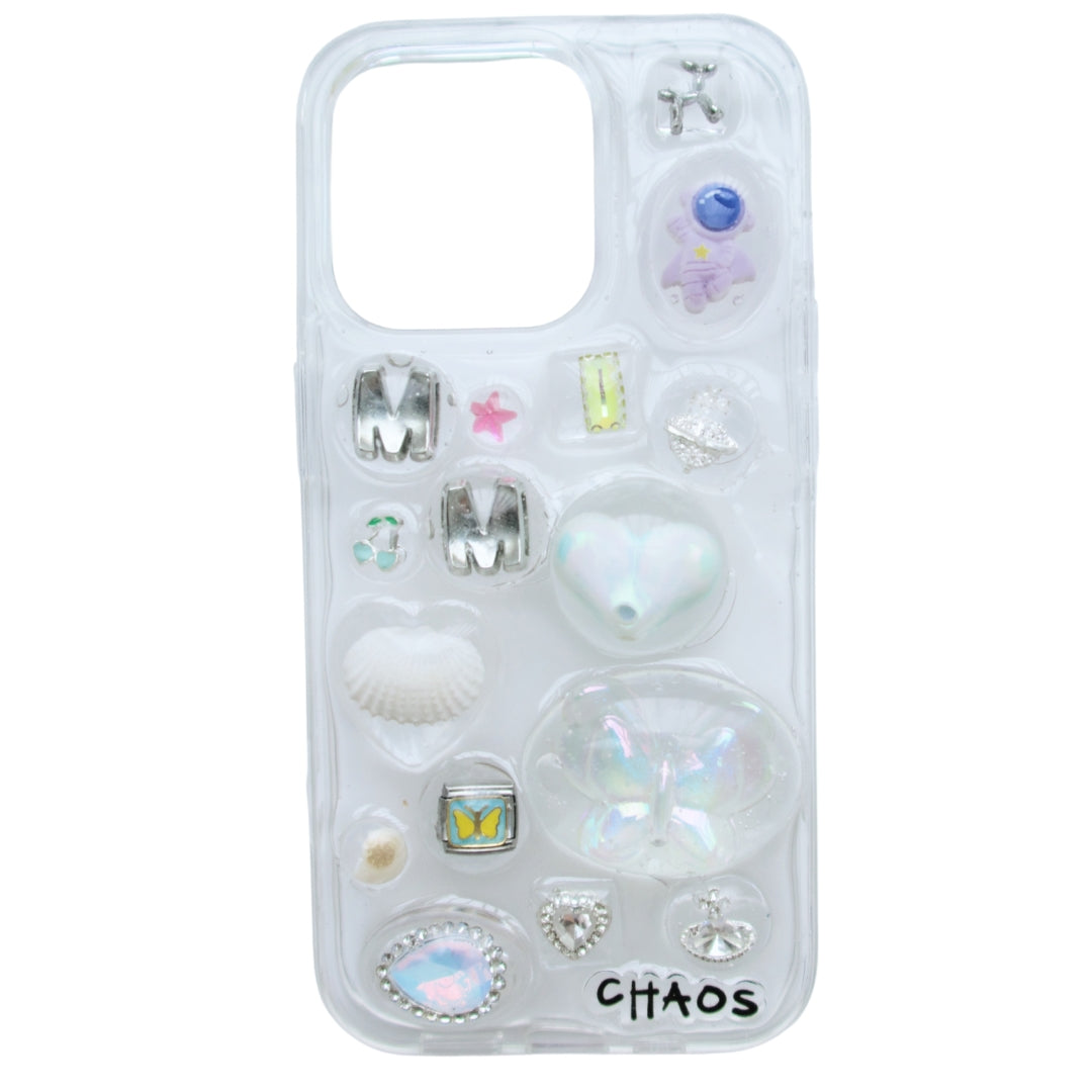 Chaos Cases white and silver bubble charm phone case with seashells, hearts, and resin accents