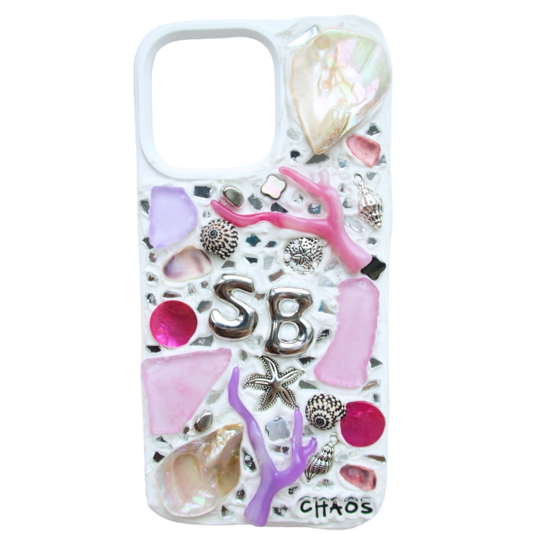 Chaos Cases personalized Beach Charm iPhone Case with purple coral, shells, and SB initials