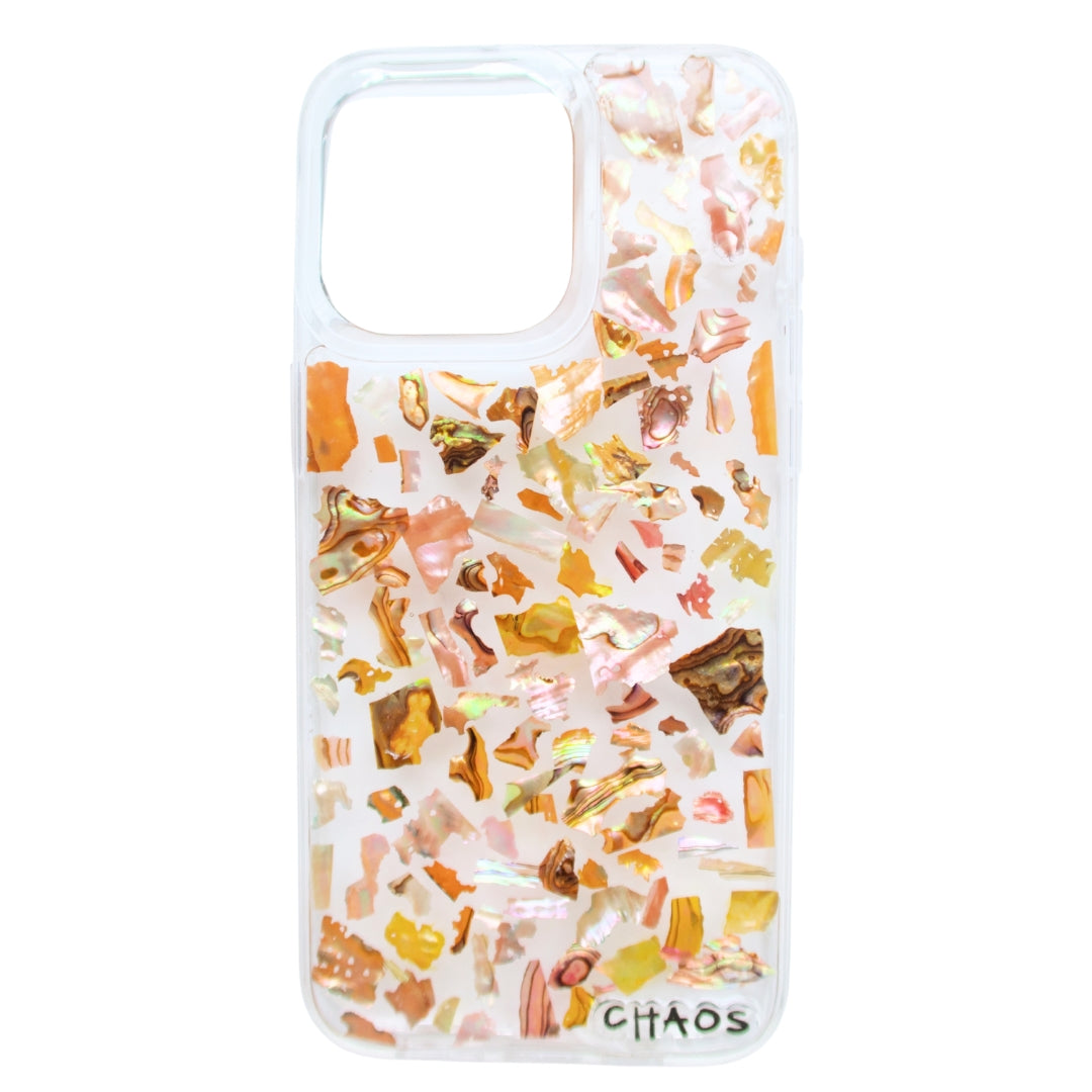 Chaos Cases bronze Abalone Shell iPhone Case with warm-toned shell mosaic on clear case