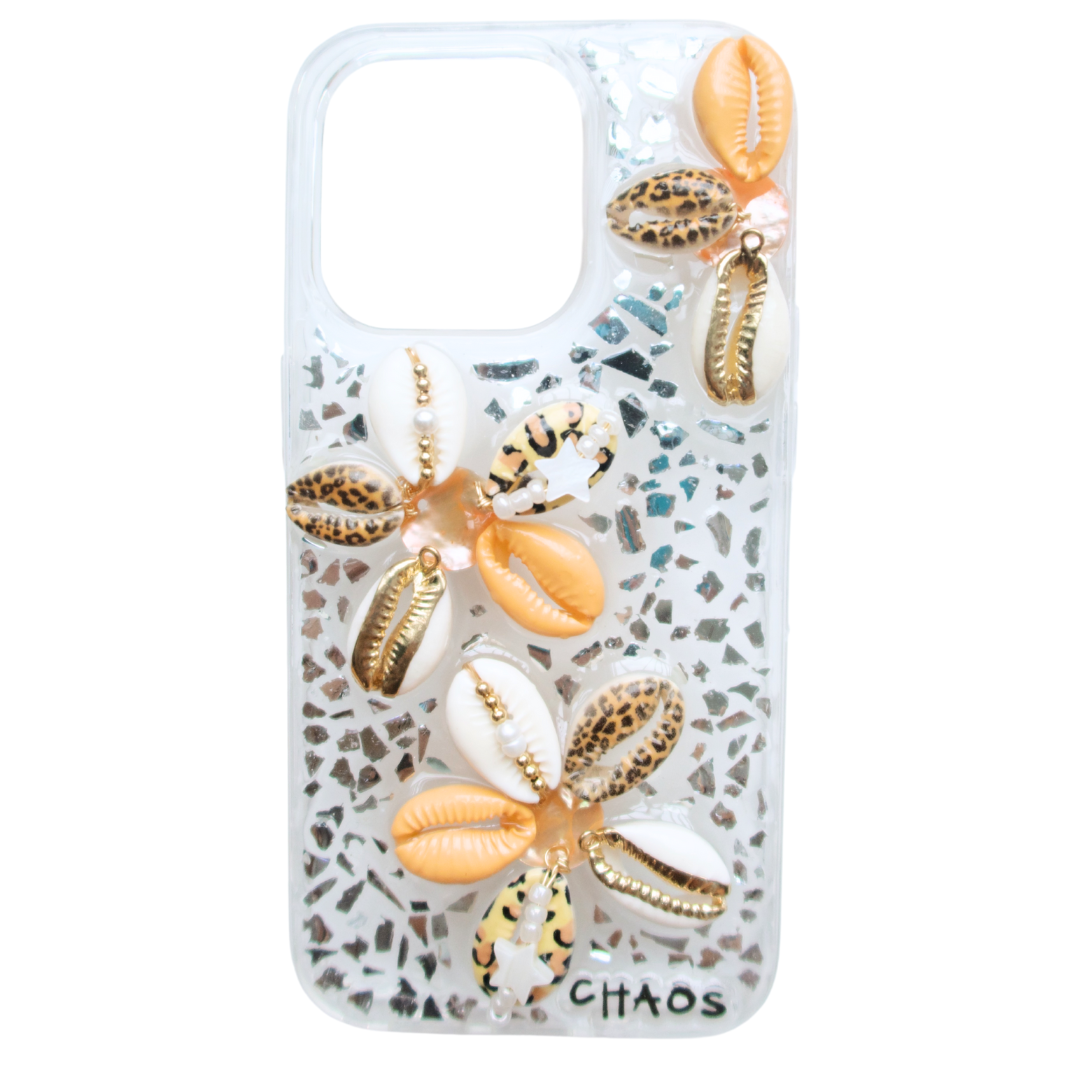 Chaos Cases Cowrie Shell iPhone Case with neutral tones and orange cowrie floral designs