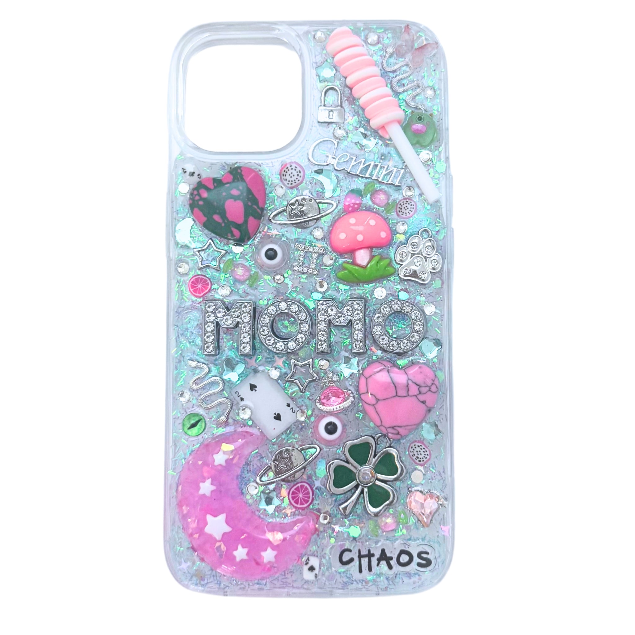 Example photo of Chaos Cases blue custom charm phone case with pink charms