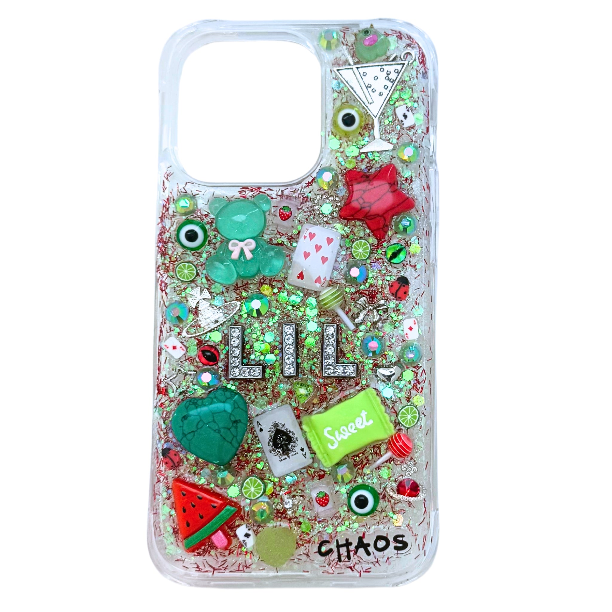 Example photo of Chaos Cases red custom charm phone case with green charms