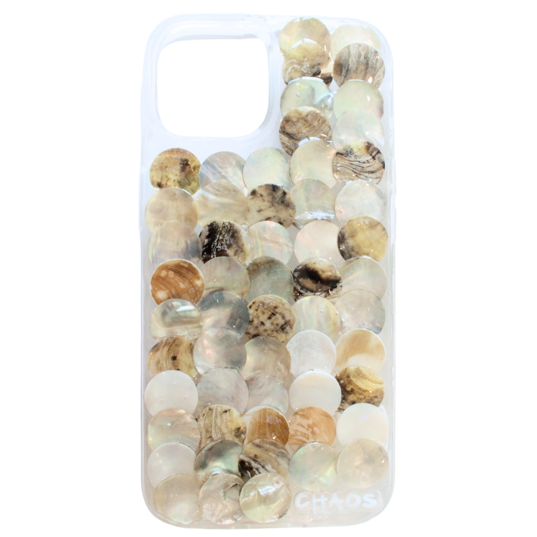 Chaos Cases nude shell iPhone case made with real iridescent shell discs on a clear case