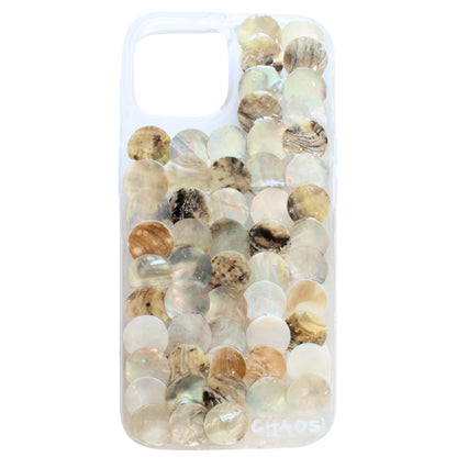 Chaos Cases nude shell iPhone case made with real iridescent shell discs on a clear case