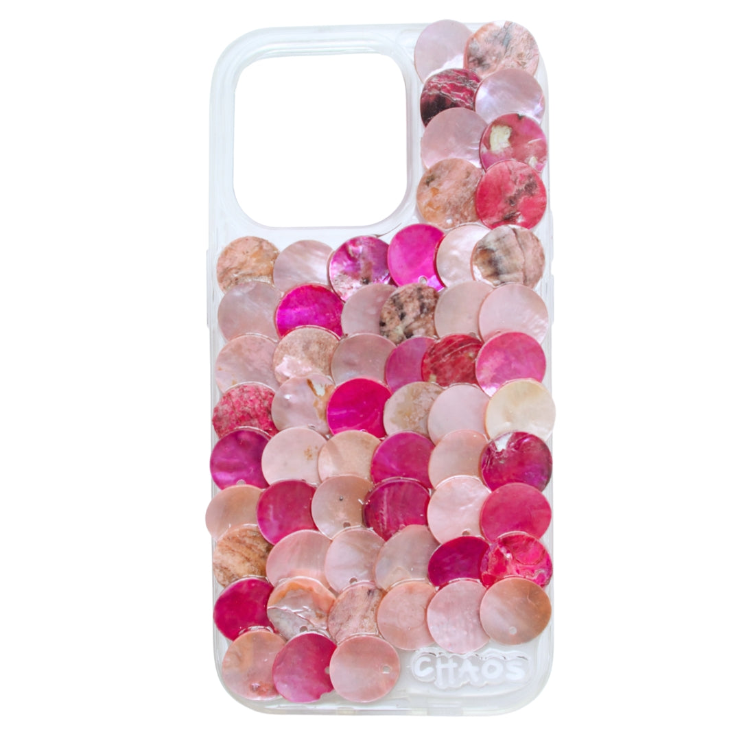 Chaos Cases pink shell iPhone case made with real iridescent shell discs on a clear case