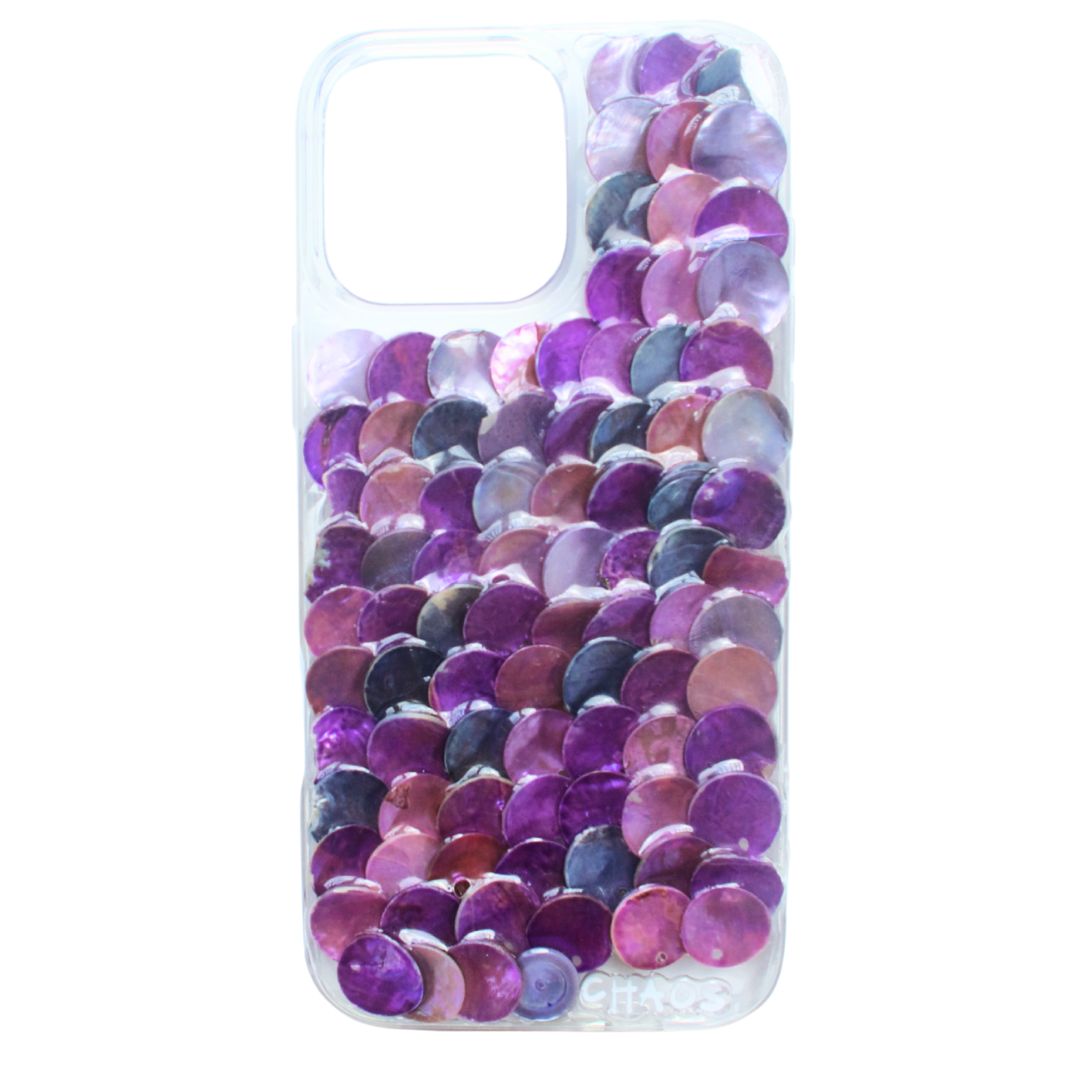Chaos Cases purple shell iPhone case made with real iridescent shell discs on a clear case