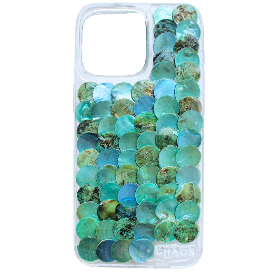 Chaos Cases teal shell iPhone case made with real iridescent shell discs on a clear case